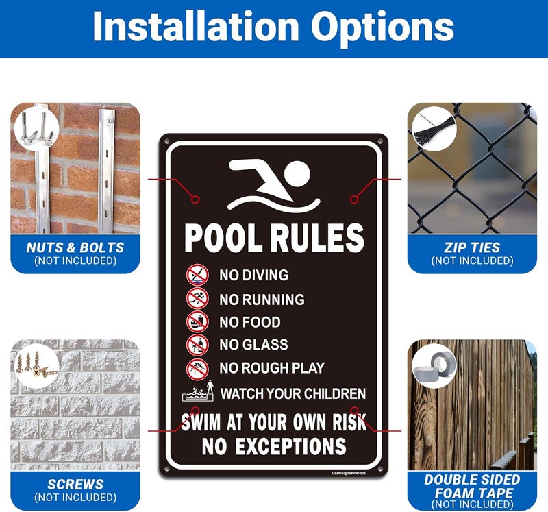 DazhiSigns Pool Rules Sign, No Diving No Running No Food No Glass No Rough Play Signs, Swim at Your Own Risk Sign, 12"x8" Rust Free Reflective Aluminum, Fade/Weather Resistant, UV Protected, Easy to Mount - Image 4
